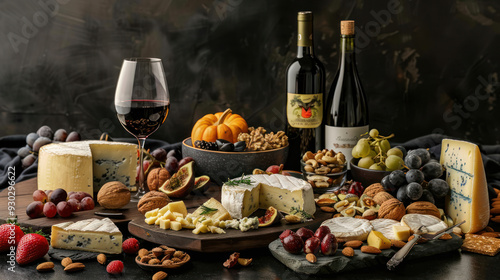 Elegant wine and cheese pairing setup with various cheeses, fruits, and nuts, emphasizing the sophistication of culinary experiences