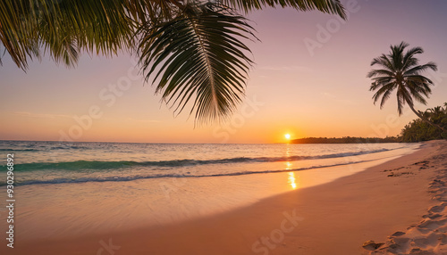 The sun sets over the horizon, painting the sky with warm colors while palm trees sway gently by the shore