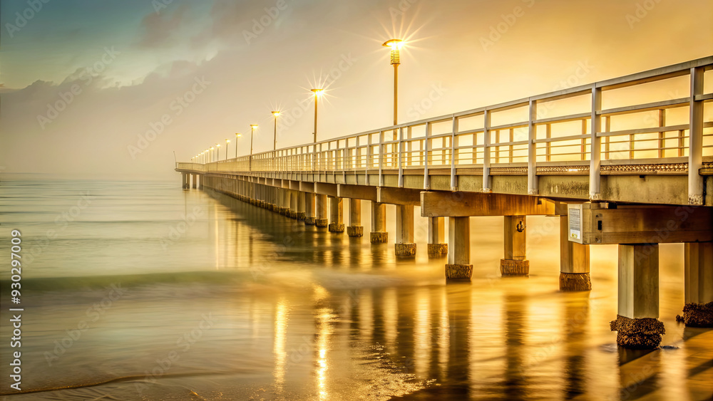 Obraz premium Soft golden light envelops the pier, casting reflections on the gentle waves as dusk approaches along the serene beach