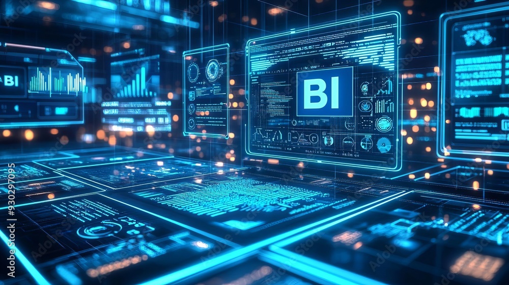 Fototapeta premium Business Intelligence Data analysis Data mining A high-tech command center with holographic dashboards displaying complex data analysis and mining operations