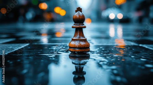 A wooden bishop chess piece stands on a wet city street, with reflections and blurry lights creating a dramatic urban atmosphere that juxtaposes strategy and solitude. photo