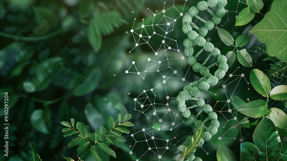 DNA double helix and molecular patterns overlaid on a green backdrop with various plants, focusing on biochemistry DNA double helix and molecular patterns overlaid on a green backdrop with various plants, focusing on biochemistry