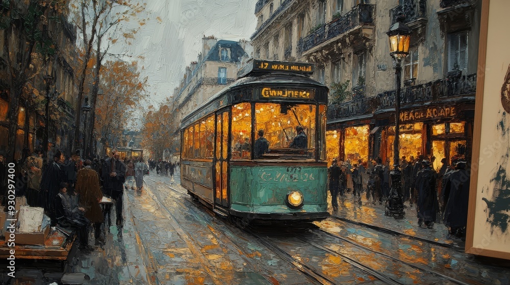 Obraz premium A red trolley is on a wet street in a city