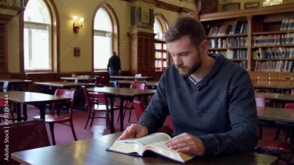 Man reading a book in the library video 4K Man reading a book in the library video 4K