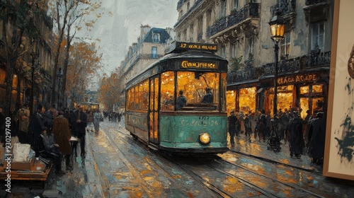 A red trolley is on a wet street in a city