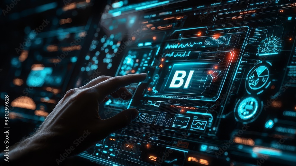 Business Intelligence performance A hand engaging with a futuristic Business Intelligence performance A hand engaging with a futuristic