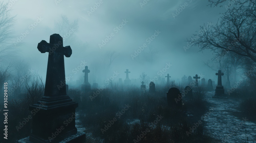 A graveyard with a cross and several cemeteries A graveyard with a cross and several cemeteries