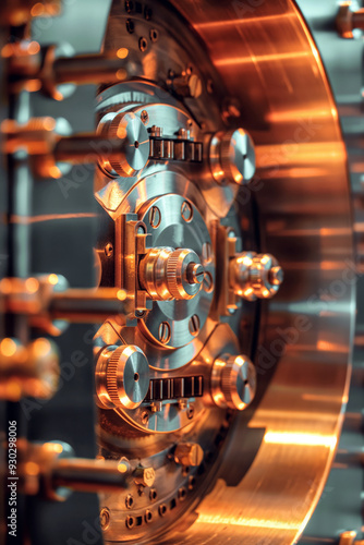 Close-up of a high-security vault door, with intricate locking mechanisms and a digital keypad, set in a modern bank environment.