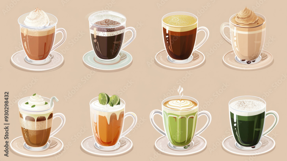 Diverse collection of coffee and tea beverages: mocha, green tea, hot chocolate, black coffee, matcha, cappuccino, and flat white Diverse collection of coffee and tea beverages: mocha, green tea, hot chocolate, black coffee, matcha, cappuccino, and flat white