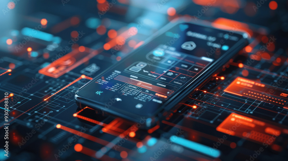 Digital banking concept with a smartphone showing a banking app and virtual transactions, representing modern financial services Digital banking concept with a smartphone showing a banking app and virtual transactions, representing modern financial services