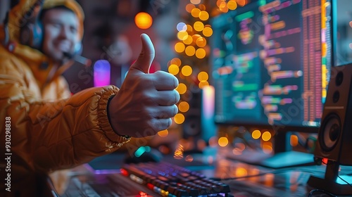 A person giving a thumbs up at a computer desk, with a successful code compilation or software build displayed on the screen, surrounded by tech gear and a clean, modern workspace, photo