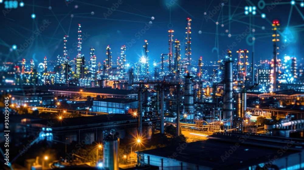Nighttime view of an illuminated industrial complex with digital network overlays Nighttime view of an illuminated industrial complex with digital network overlays