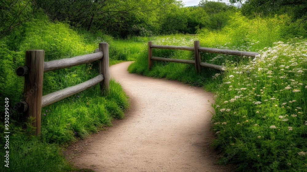 The winding road leads to a village, bordered by wooden gates and vibrant greenery, with gentle sunlight illuminating wildflowers and a nearby stream The winding road leads to a village, bordered by wooden gates and vibrant greenery, with gentle sunlight illuminating wildflowers and a nearby stream
