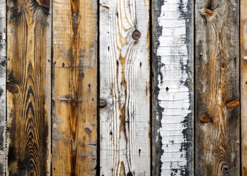 Weathered wooden planks with distressed white and black paint, showcasing cracks, scratches, and natural imperfections, perfect for adding rustic charm to design and decor projects. photo