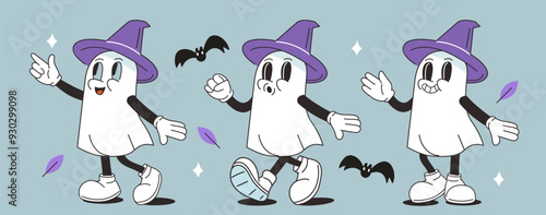 Retro Halloween character set. Cartoon comic groovy ghost collection. Vintage holiday season. Vector illustration.
