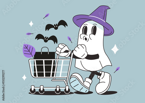 Retro Halloween character. Cartoon comic groovy ghost with shopping cart. Holiday sale and promotion. Vector illustration.
