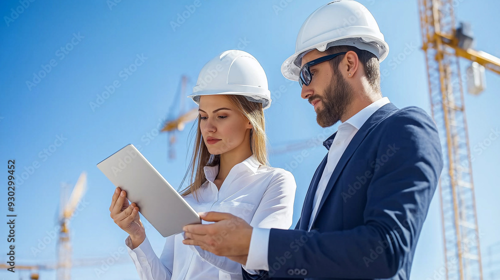 Architect explaining to businesswoman standing with digital tablet at construction site Architect explaining to businesswoman standing with digital tablet at construction site