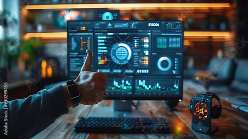 A person sitting at a desk, giving a thumbs up with a digital marketing dashboard displayed on a monitor, surrounded by tech tools and office decor, captured in high definition with bright,