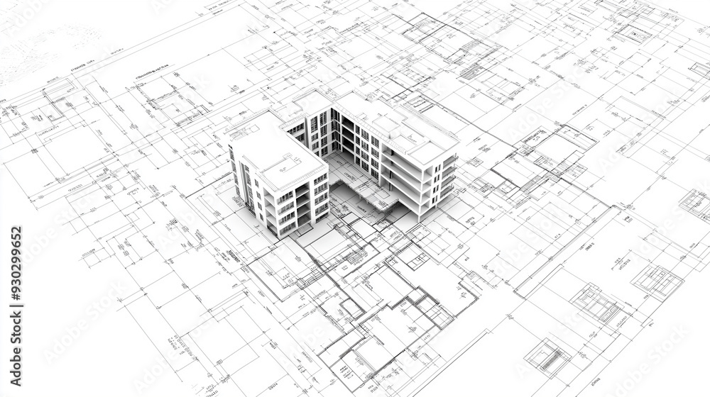 Fototapeta premium Architecture design: blueprint plan - illustration of a plan modern residential building / technology, industry, business concept illustration: real estate, building, construction, architecture