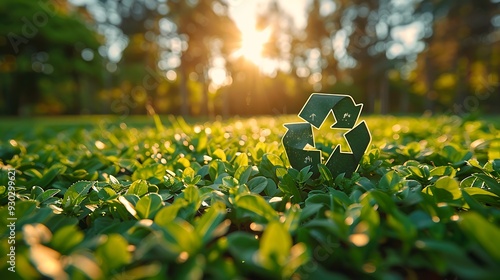 A person standing in a lush green park, holding a recycling bin and giving a thumbs up, with trees and a clear blue sky in the background, captured in vibrant natural light. --ar 16:9 --v 6.0 photo