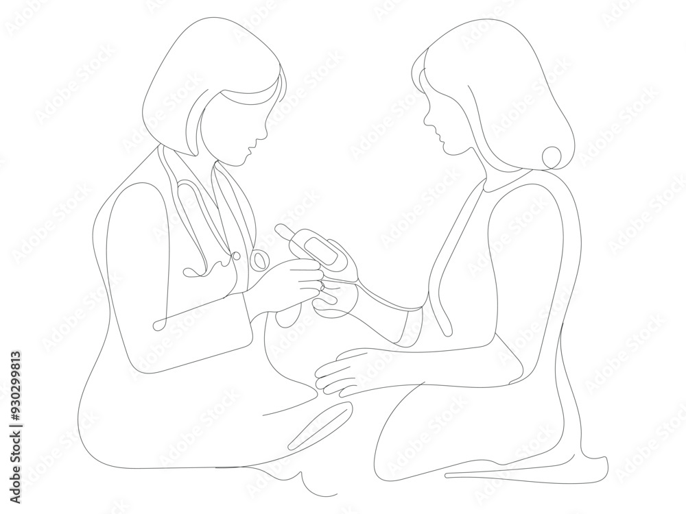 continuous one-line drawing doctor helping patient to check diabetes in hospital world diabetes day concept vector illustration continuous one-line drawing doctor helping patient to check diabetes in hospital world diabetes day concept vector illustration