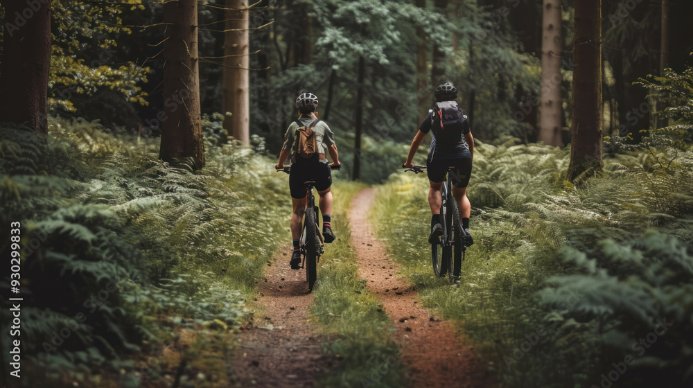 Cyclists riding along a forest path, capturing the essence of outdoor activities and fitness in nature