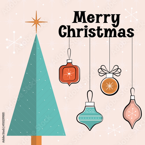 Mid Century Modern 1950s Christmas Ornaments and tree. Merry Christmas Clipart