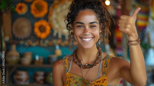 A proud artisan giving a thumbs up in front of their handmade crafts store, with a rustic sign and colorful displays of their creations, captured in crisp focus with natural light. --ar 16:9 --v 6.0 photo