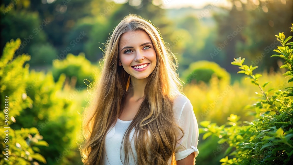 A stunning young woman with long hair and bright smile, surrounded by lush greenery, standing confidently in a serene natural landscape. A stunning young woman with long hair and bright smile, surrounded by lush greenery, standing confidently in a serene natural landscape.