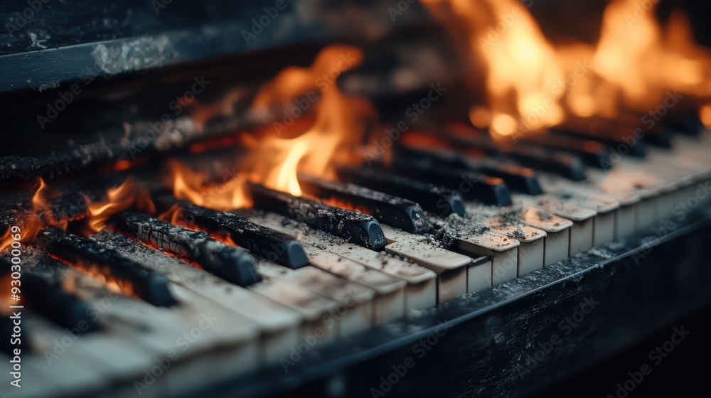 A visually intense image of a piano being consumed by flames, with the fire engulfing the keys, symbolizing destruction and the impermanence of art and creation. A visually intense image of a piano being consumed by flames, with the fire engulfing the keys, symbolizing destruction and the impermanence of art and creation.