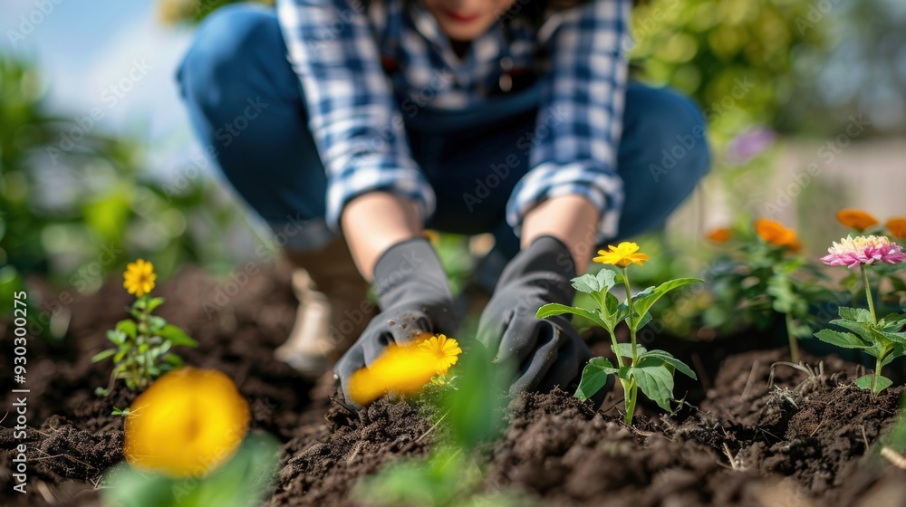 Fototapeta premium A gardener wearing gloves planting vibrant flowers in a garden, focusing on hands and flowers in a lush environment.