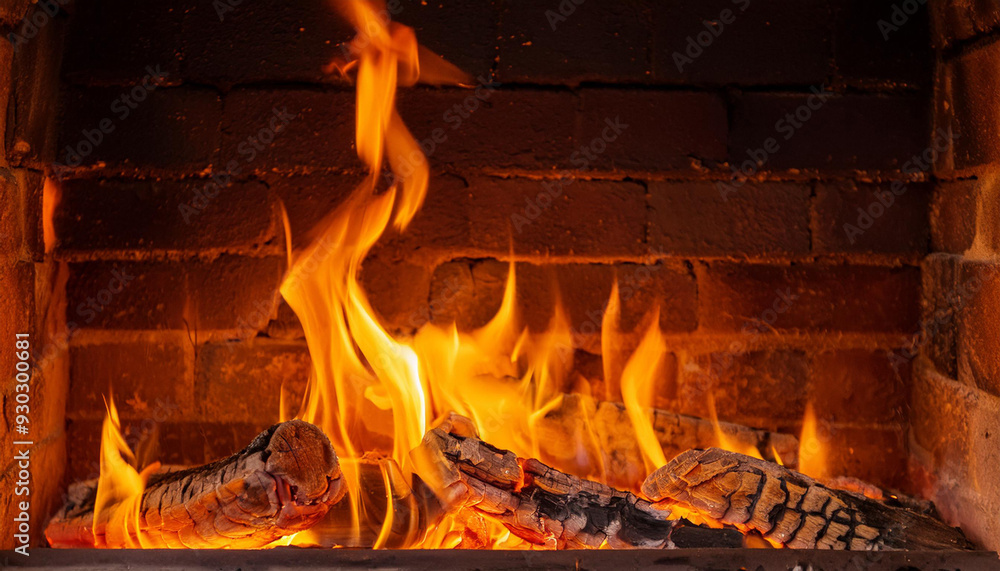 Bright Flames Illuminate a Burning Fire in a Fireplace and Copy Space Bright Flames Illuminate a Burning Fire in a Fireplace and Copy Space