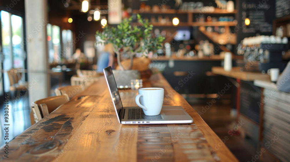 Comfortable work setup on a cafe counter bar, with a laptop, coffee cup, and minimalistic decor, creating an inviting environment Comfortable work setup on a cafe counter bar, with a laptop, coffee cup, and minimalistic decor, creating an inviting environment