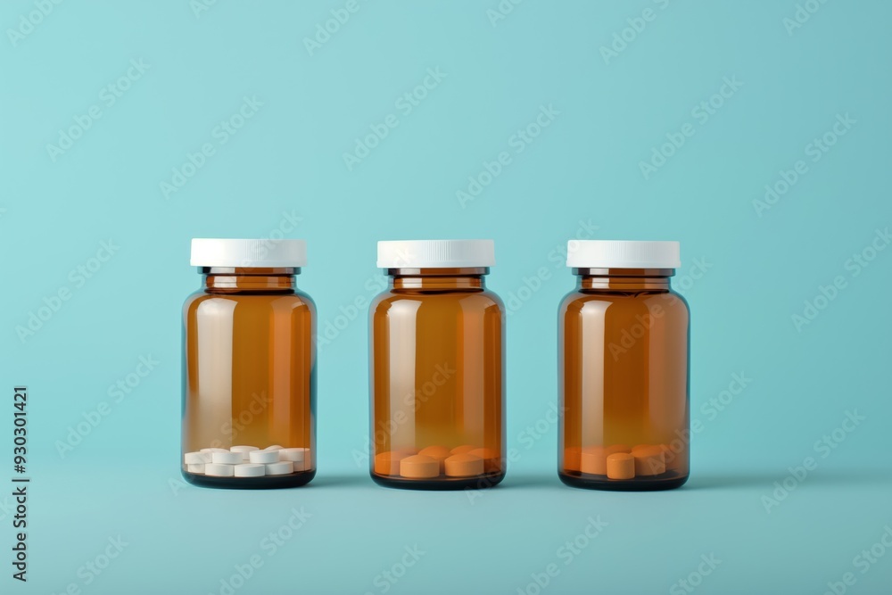 Three brown glass bottles with white lids, one of which is empty. The other two are filled with pills Three brown glass bottles with white lids, one of which is empty. The other two are filled with pills