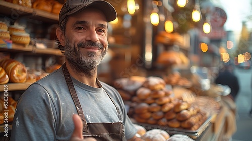 A small business owner giving a thumbs up while standing in front of their bakery, with the shop's name and a display of freshly baked goods in the window, captured in crisp focus with soft, photo