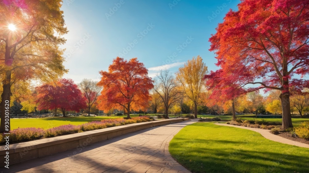 Naklejka premium Winding autumnal pathway through vibrant park