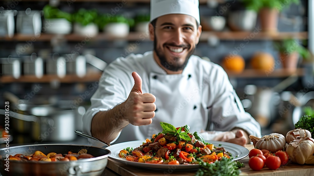 A smiling chef giving a thumbs up in a bustling kitchen, holding a perfectly plated dish with vibrant colors, surrounded by pots, pans, and fresh herbs, captured in high resolution with natural light. A smiling chef giving a thumbs up in a bustling kitchen, holding a perfectly plated dish with vibrant colors, surrounded by pots, pans, and fresh herbs, captured in high resolution with natural light.