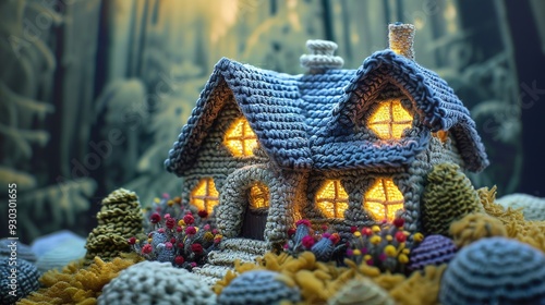 A cozy, illuminated crochet house surrounded by colorful flowers and foliage.