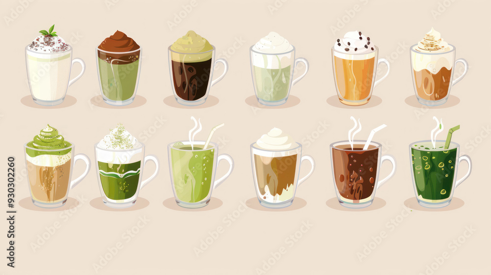 Collection of coffee and tea beverages featuring mocha, green tea, hot chocolate, black coffee, matcha, cappuccino, and flat white Collection of coffee and tea beverages featuring mocha, green tea, hot chocolate, black coffee, matcha, cappuccino, and flat white