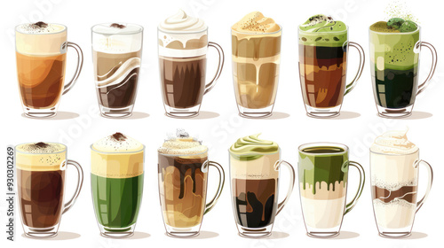 Collection of coffee and tea beverages featuring mocha, green tea, hot chocolate, black coffee, matcha, cappuccino, and flat white