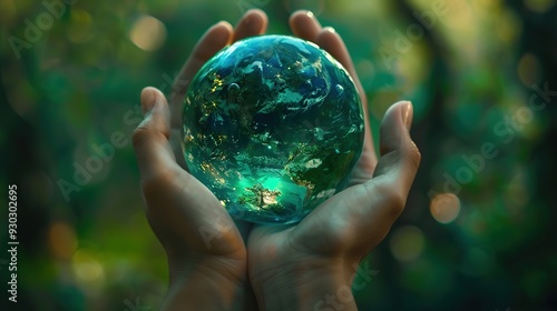 A hand cradles a glowing globe, symbolizing care for the Earth and its environment.