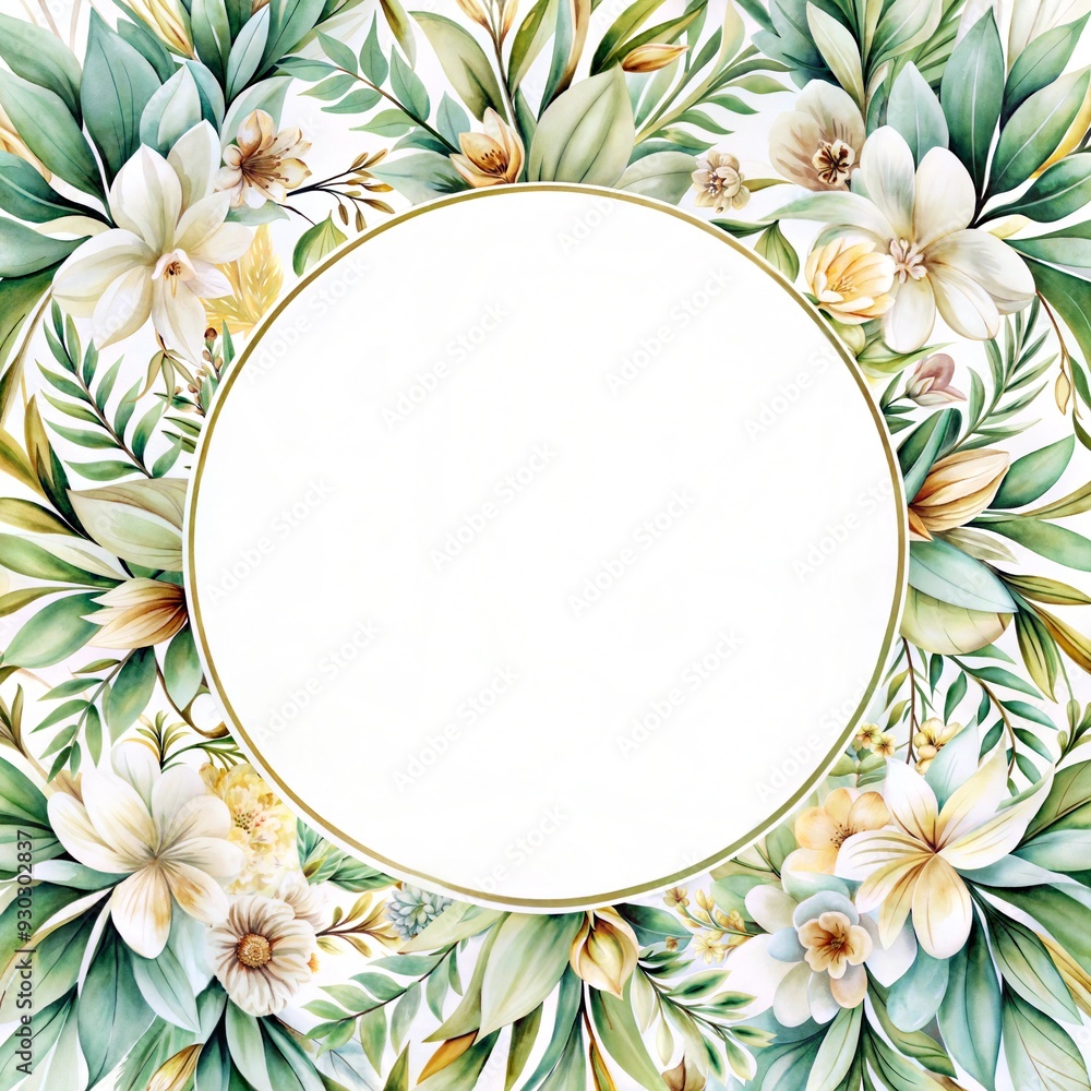 Circular Floral Frame with Greenery, Blank Space for Text, Elegant Botanical Design Circular Floral Frame with Greenery, Blank Space for Text, Elegant Botanical Design