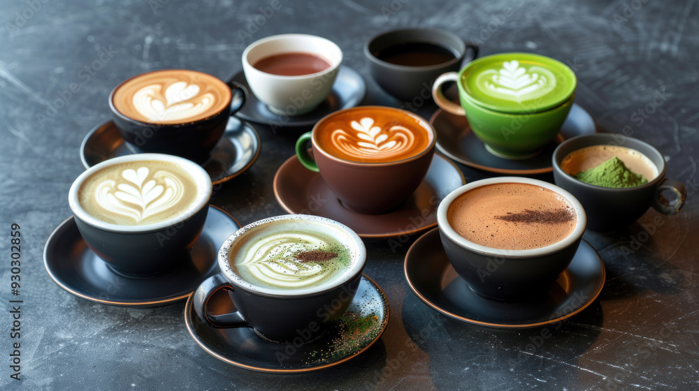 Coffee set collection including mocha, green tea, hot chocolate, black coffee, matcha, cappuccino, and flat white, beautifully presented Coffee set collection including mocha, green tea, hot chocolate, black coffee, matcha, cappuccino, and flat white, beautifully presented
