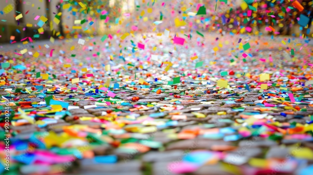 Vibrant and colorful confetti falling onto a cobblestone street, capturing the festive and joyous atmosphere of a celebration. Vibrant and colorful confetti falling onto a cobblestone street, capturing the festive and joyous atmosphere of a celebration.