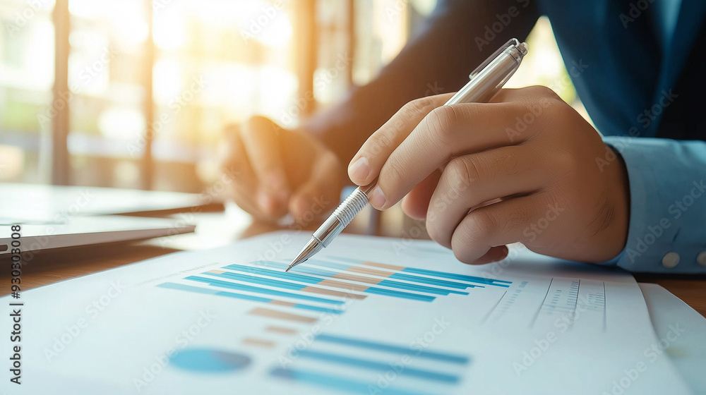 business man hand holding pen and partner pointing graph chart for analyze the company's sales plan in the office business man hand holding pen and partner pointing graph chart for analyze the company's sales plan in the office