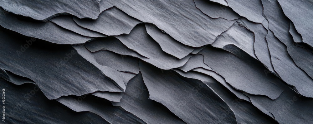 Close-up of dark, layered slate rock textures creating a natural abstract background. Close-up of dark, layered slate rock textures creating a natural abstract background.