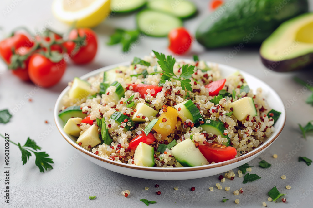 A quinoa salad with vegetables and herbs served on a white plate, with avocado halves, lemon, cherry tomatoes, and cucumber pieces on the table. A quinoa salad with vegetables and herbs served on a white plate, with avocado halves, lemon, cherry tomatoes, and cucumber pieces on the table.