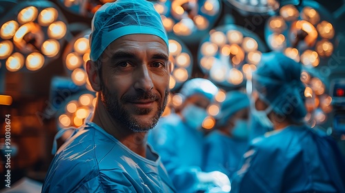 A surgeon giving a thumbs up in a hospital operating room, with surgical lights and a clean, sterile environment, symbolizing a successful procedure, captured in high resolution with bright, photo