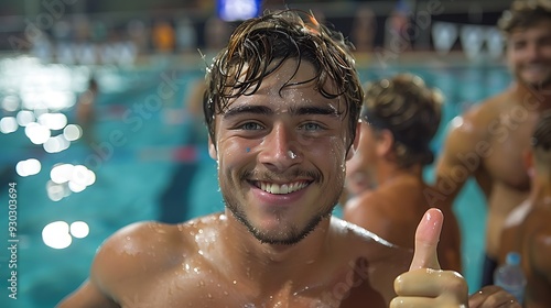 A swimmer giving a thumbs up on the pool deck after winning a race, with teammates congratulating them and the scoreboard showing the results, captured in crisp detail with bright, even lighting. photo