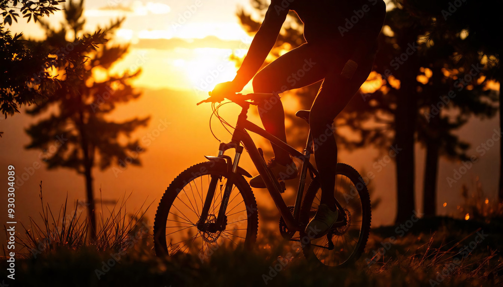 Obraz premium Sunset silhouette of a cycle on a mountain bike